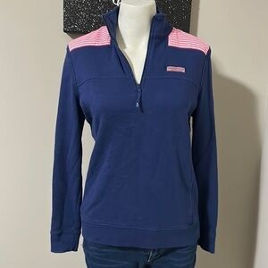 Vineyard Vines Oxford Stripe Shep Shirt Navy Blue Pink Sweatshirt Preppy  Sz S
